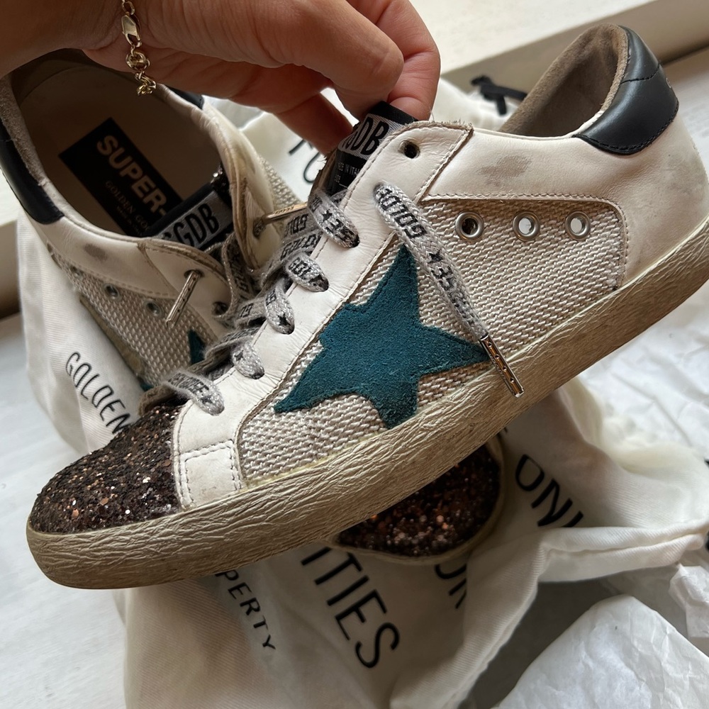 Golden Goose White & Blue Glitter Superstar Sneakers